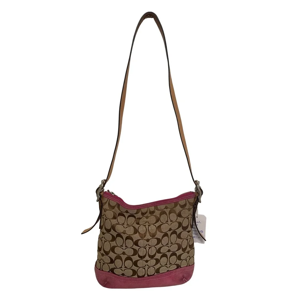Coach Vintage Duffle Bag Signature Monogram Pink Suede Trim Tassel 9362